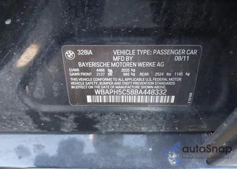 2011 BMW 328I из США, поврежденный, VIN WBAPH5C58BA448332